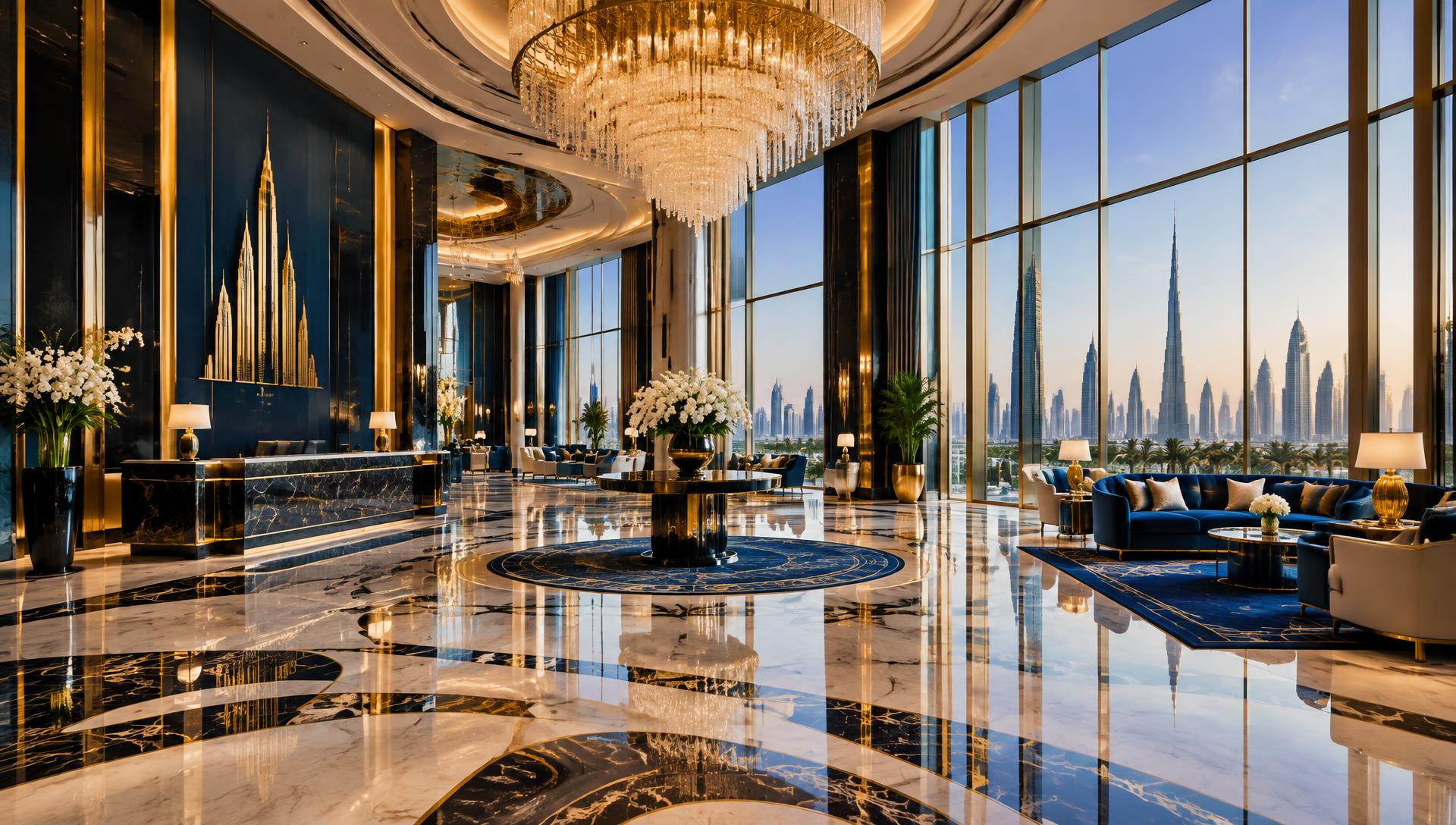 A hotel reception and lobby